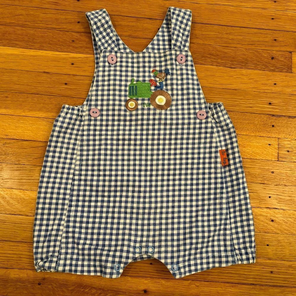 Le Top blue/white plaid soft embroidered overall shorts